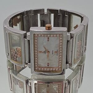 SK Time Cuff Watch Womens OS Silver Good Floating Charms Crystal Bezel 3006